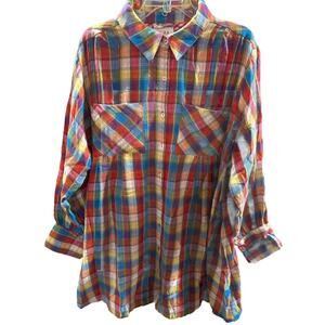 AURA Shirt Top Womens Large Multi Plaid Pleated Chest Pockets Collar Button Down